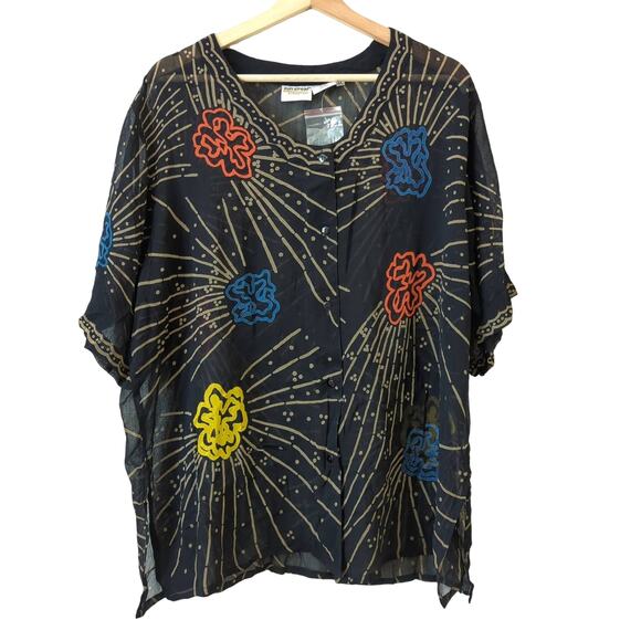 Newport News Catalog Top 1X Rayon Button Down Lightweight Sun Streak Sheer Shirt - Picture 1 of 7